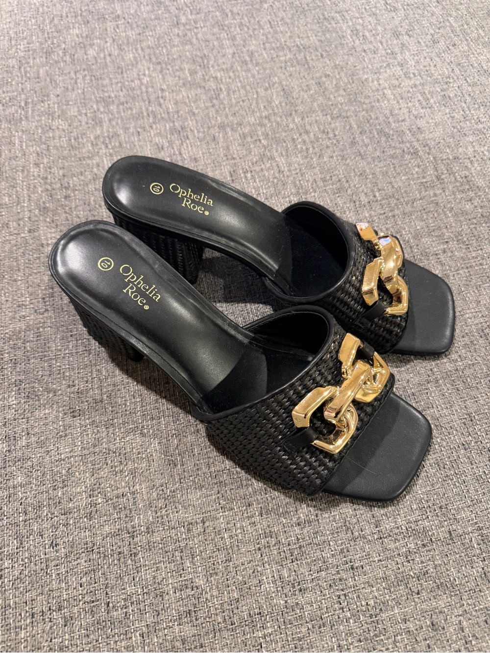 Target Ophelia Roe Black Woven Slide Heels with Gold Chain Accent